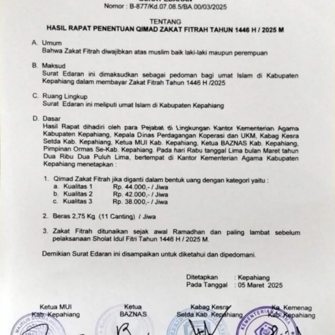 Penetapan Qimad Zakat Fitrah Tahun 1446 H / 2025 M di Kabupaten Kepahiang